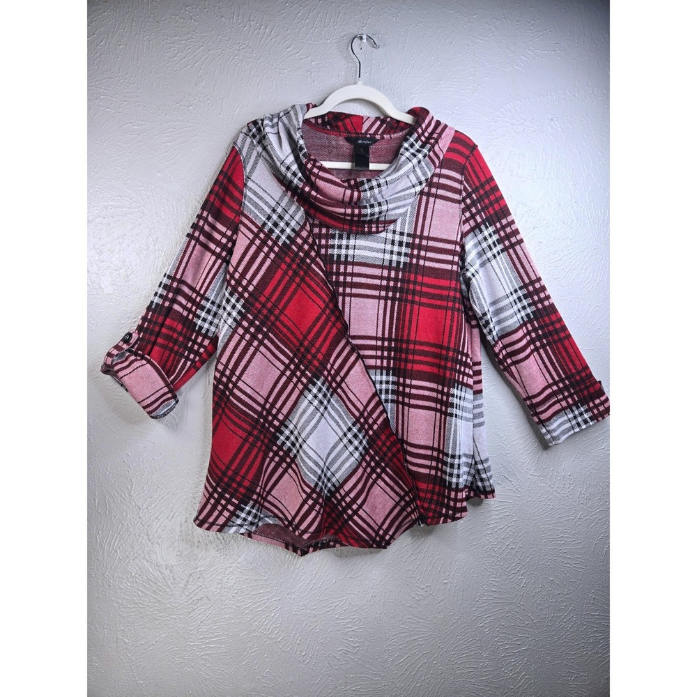 Ali Miles Plaid Cowl Neck Tunic Top Size XL Red Knit Asymmetrical Relaxed Artsy